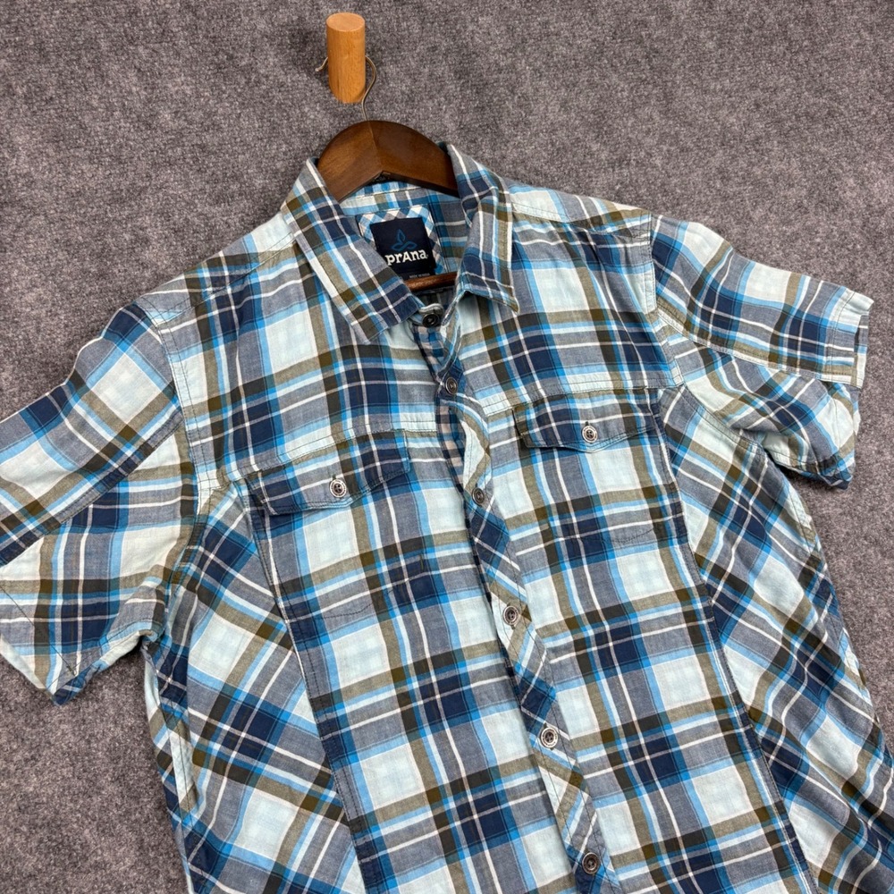 Prana Mens Slim Fit Short Sleeve Organic Cotton Plaid Button Down Shirt Blue L